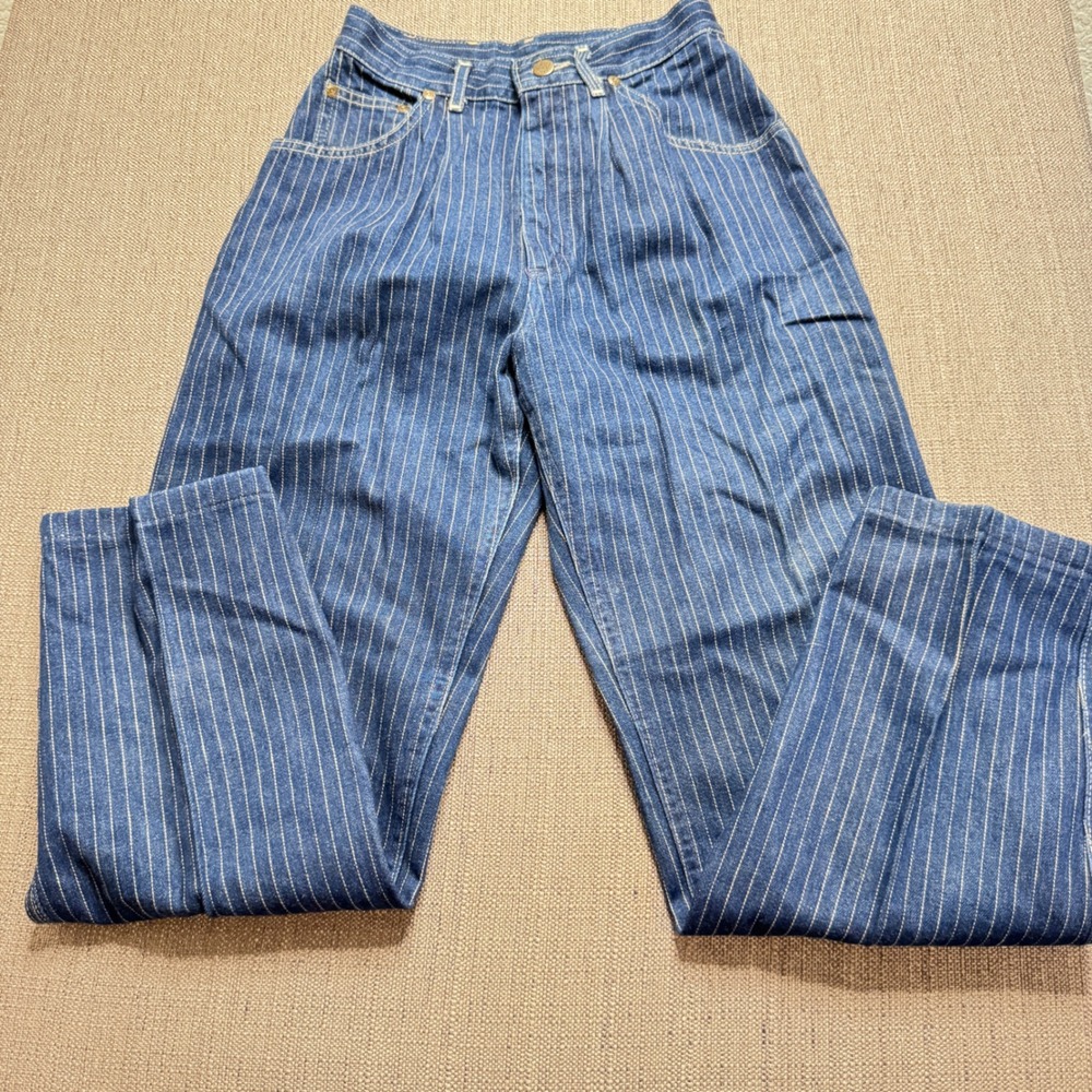Vintage Lee Riders Pinstripe Jeans High Waist Pleated Tapered Leg Blue Size 7